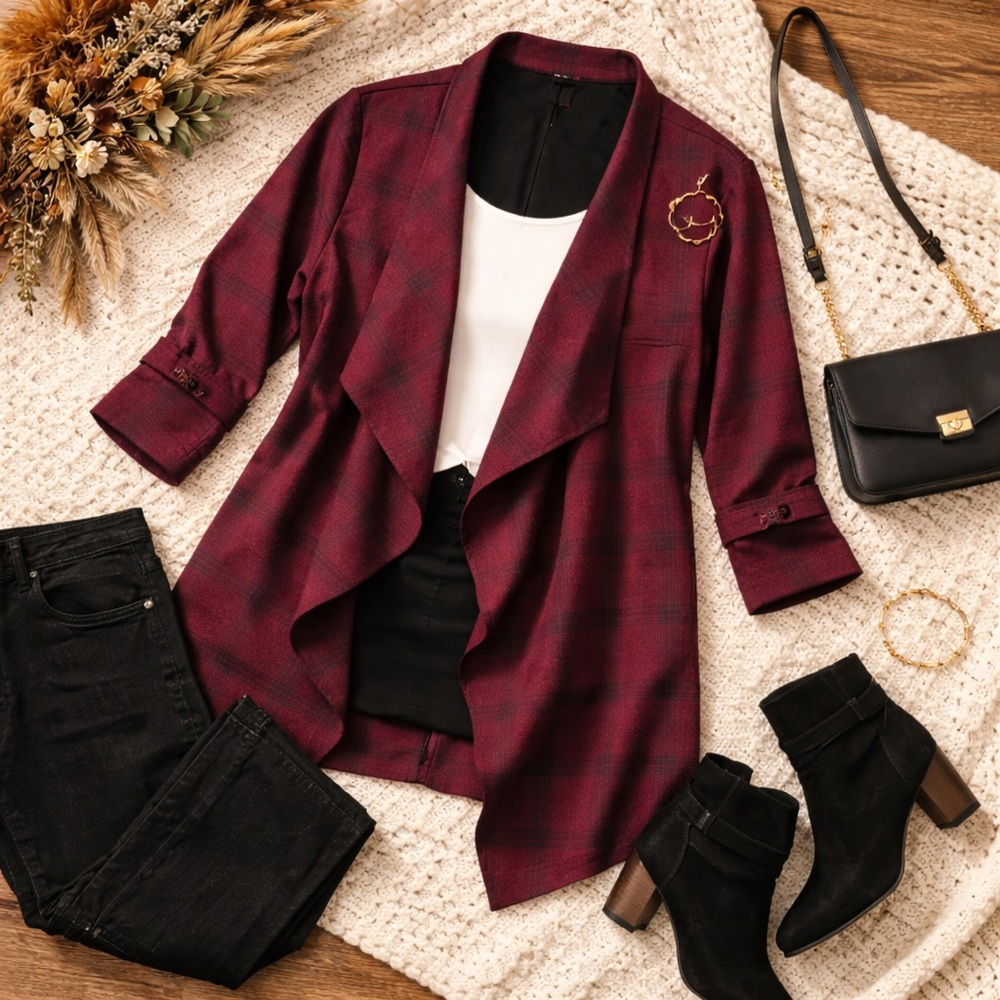 Lane Bryant Plaid Waterfall Cardigan Duster Size 22/24 Maroon & Black Check